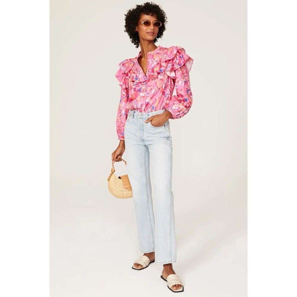 Something Navy Women Multicolor Floral Ruffle Puff Sleeve Button Shirt Large - Picture 2 of 8